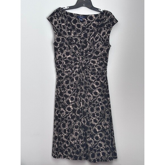 Chaps Black Gold Circle Geometric Vneck Fit & Flare Flowy Dress size large - Picture 1 of 9